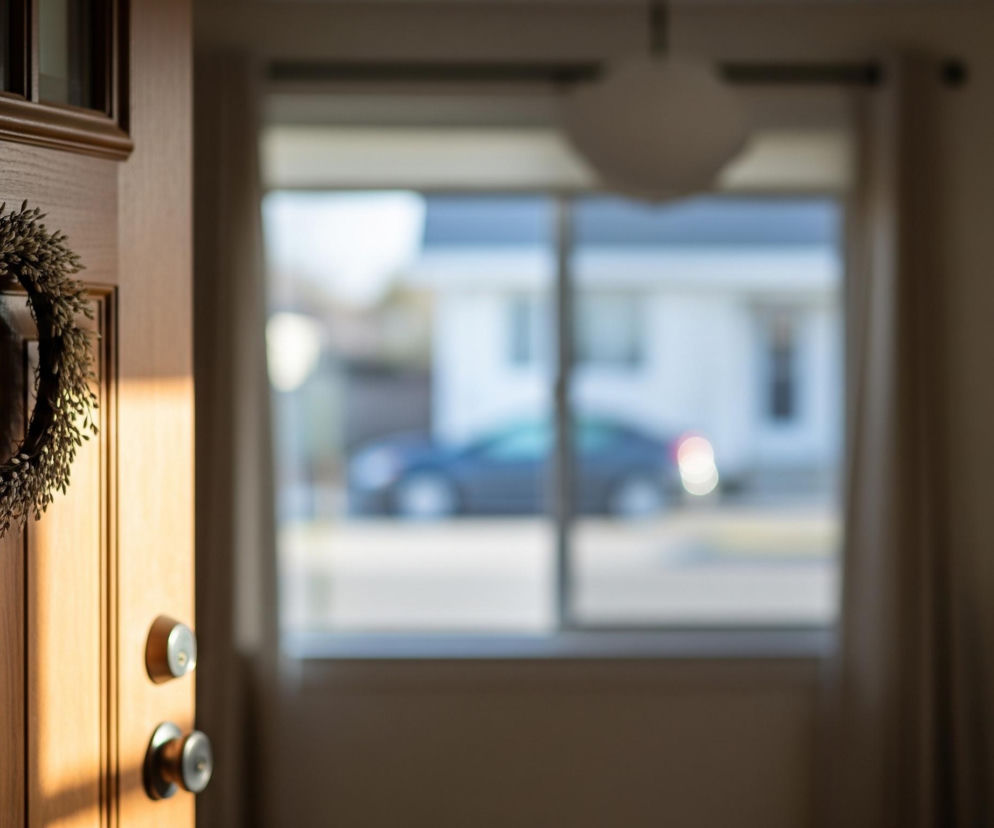 Widoczna jest otwarta drewniana, brązowa półdrzwiowa część drzwi, z ciemnym wiankiem zawieszonym na czarnym haczyku. Dolna część wianka jest oświetlona ciepłym, złotym światłem słonecznym. W tle, rozmyte przez perspektywę, widoczne jest okno z widokiem na zewnętrzny krajobraz, gdzie dostrzegalny jest budynek i ciemny samochód na ulicy.