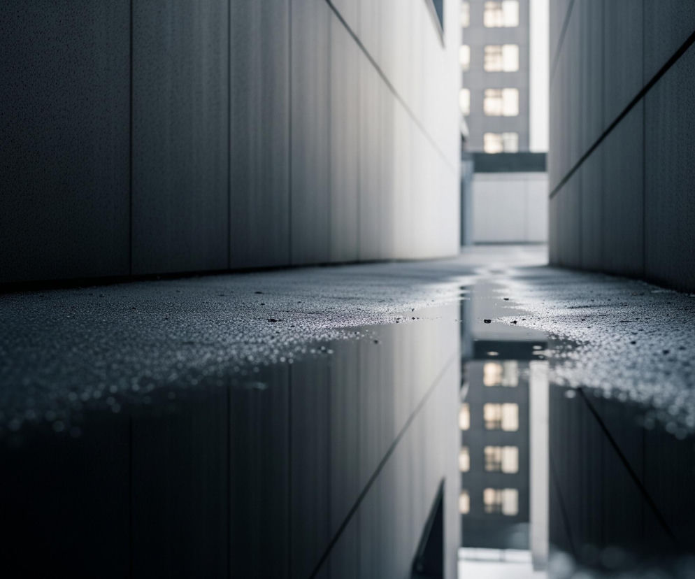 Wąskie przejście między dwoma wysokimi budynkami. Nawierzchnia jest mokra, pokryta drobnymi kroplami wody, z wyraźnym odbiciem górnej części sceny w kałuży. Ściany budynków po obu stronach są ciemnoszare, lekko teksturowane i gładkie, z pionowymi łączeniami paneli. W oddali, na końcu przejścia, widoczny jest niewyraźny fragment innego budynku z kilkoma jasnymi, prostokątnymi oknami. Oświetlenie jest stonowane, a obraz utrzymany jest w chłodnych odcieniach szarości i błękitu.