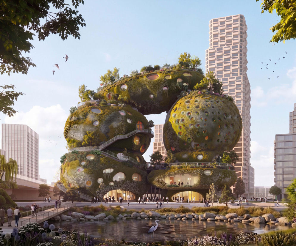 Projekt Shift Embassy w Rotterdamie. Obłe bryły pokryte zielenią obok wieżowców. O architekturze jutra czytaj w Architektura.
