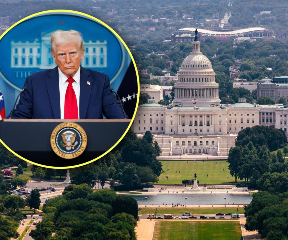 Widok z lotu ptaka na Kapitol w Waszyngtonie. Na miniaturze Donald Trump. O powrocie prezydenta USA przeczytasz w Eska.