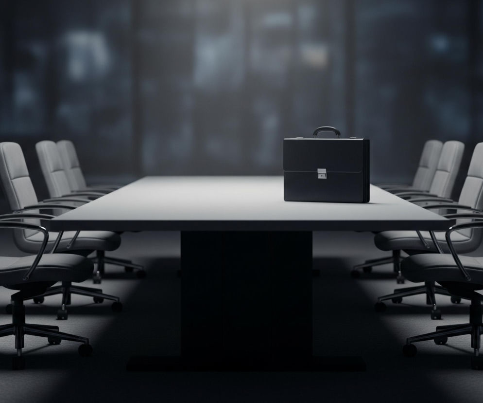 Na środku białego stołu konferencyjnego stoi czarna teczka z metalowym zapięciem i uchwytem. Stół jest otoczony rzędami identycznych, szarych krzeseł biurowych na kółkach, po pięć z każdej strony, zwróconych do siebie. Tło jest ciemne i rozmyte, sugerując słabo oświetlone wnętrze z kilkoma niewyraźnymi elementami. Całość sceny utrzymana jest w stonowanej kolorystyce szarości, czerni i bieli.