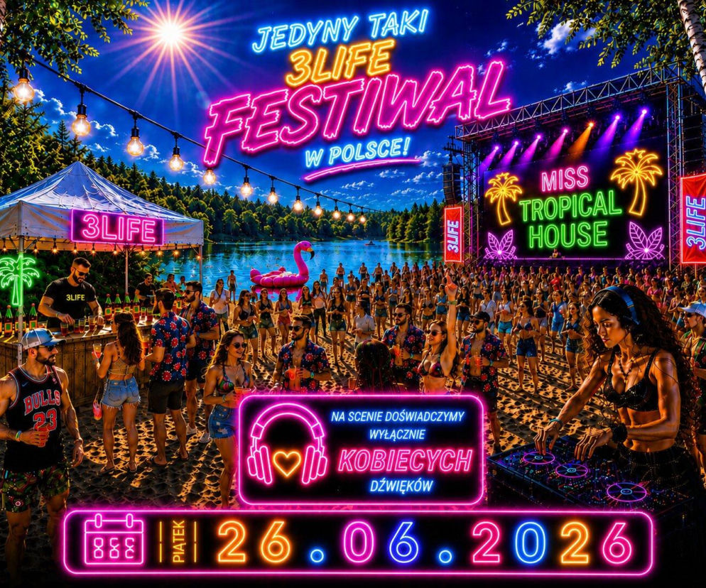 Grafika promująca festiwal 3LIFE nad Jeziorem Parnowskim, przedstawiająca tłum ludzi bawiących się na plaży podczas imprezy z DJ-ką na scenie. Neonowe napisy zapowiadają JEDYNY TAKI 3LIFE FESTIWAL W POLSCE i NA SCENIE DOŚWIADCZYMY WYŁĄCZNIE KOBIECYCH DŹWIĘKÓW. Data 26.06.2026 widoczna na dole. Więcej o wydarzeniu przeczytasz na naszym portalu.