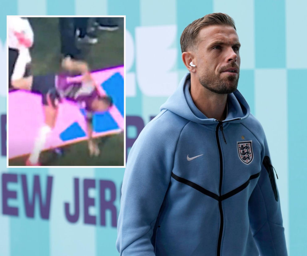 Jordan Henderson w bluzie Anglii. Na miniaturze obok jego niefortunny upadek. O kontuzji piłkarza czytaj na SE Supersport.