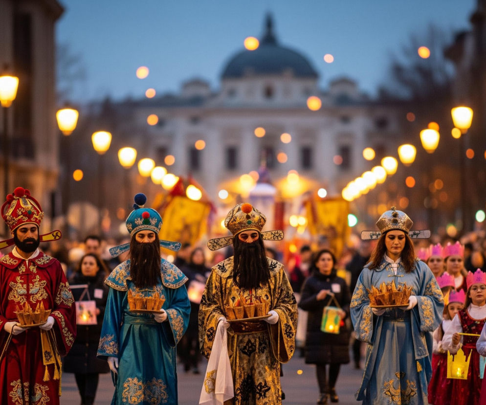 Czworo dorosłych w misternych, tradycyjnych strojach wschodnich idzie na pierwszym planie, niosąc tace z miseczkami, prowadząc grupę dzieci w różowych koronach i długich sukienkach, również niosących lampiony. Mężczyźni po lewej i w środku mają długie, czarne brody i ozdobne nakrycia głowy, a ich szaty są w kolorach czerwonym, turkusowym i złotym, bogato zdobione haftem. Kobieta po prawej ma na sobie błękitną szatę i srebrne nakrycie głowy, również z haftowanymi wzorami. Pochód odbywa się ulicą o zmierzchu, w tle widać rozmazane światła latarni ulicznych i budynki, w tym budynek z kopułą, a dalej tłum ludzi.
