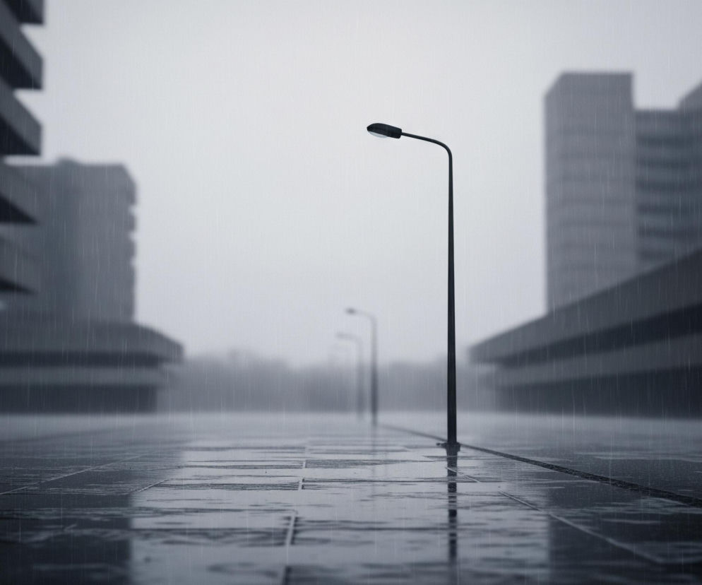 Centralnie na pierwszym planie stoi pojedyncza, czarna latarnia uliczna o smukłym, zakrzywionym słupie i eliptycznej oprawie świetlnej, której światło jest wyłączone. Deszcz spływa po mokrej, lśniącej nawierzchni chodnika wyłożonej dużymi, ciemnymi płytami, odbijającymi światło nieba. Tło tworzą rozmyte, szare bryły budynków po obu stronach ulicy, z których ten po lewej ma wyraźne, poziome pasy na fasadzie, natomiast budynki po prawej są bardziej jednolite. Atmosfera jest ponura i wilgotna, a krople deszczu są widoczne w całym kadrze.