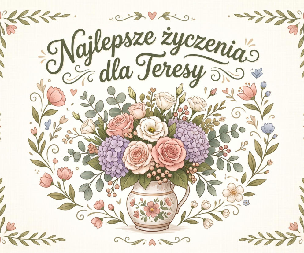 Kartka z napisem Najlepsze życzenia dla Teresy i bukietem kwiatów w wazonie. Propozycje życzeń znajdziesz na Eska2.