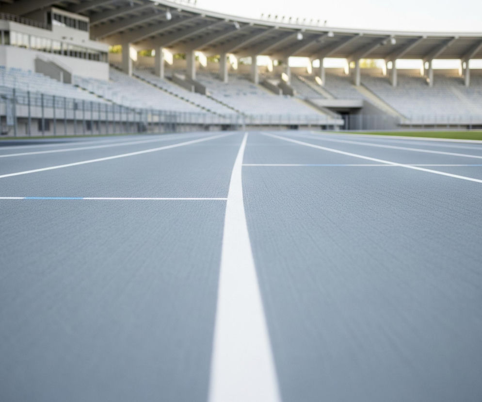 Stadion lekkoatletyczny z niebieskimi pasami toru biegowego na pierwszym planie, z białymi liniami oddzielającymi pasy. W oddali rozciągają się puste szare trybuny dla widzów, a nad nimi konstrukcja dachu podtrzymywana przez słupy. Po prawej stronie widać zieloną trawę boiska z białą bramką piłkarską.