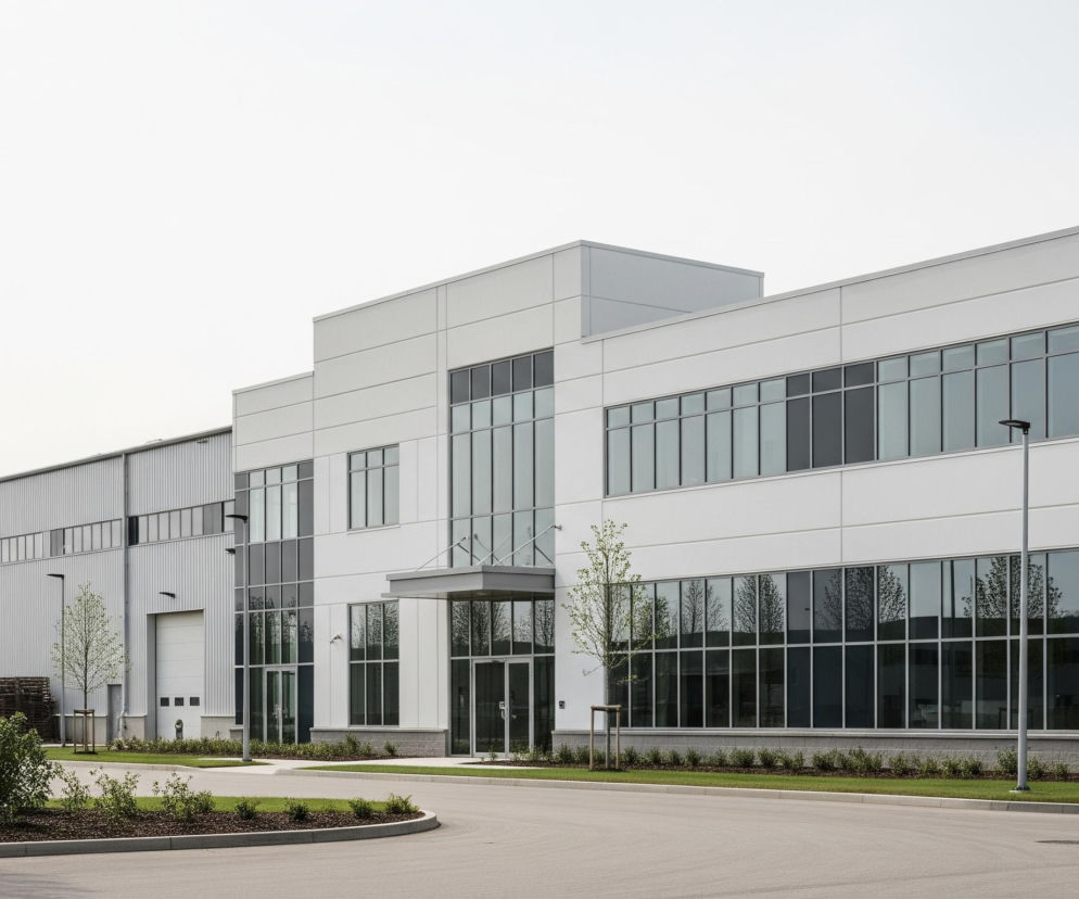 Zewnętrzny widok nowoczesnego, dwuczęściowego budynku, składającego się z jasnoszarej, gładkiej fasady z dużymi oknami oraz bocznej części z metalowej, falistej blachy. Główne wejście w centralnej części elewacji ma zadaszenie i jest otoczone przeszkleniami, nad którymi wznosi się wyższa część budynku z licznymi oknami odbijającymi otoczenie. Przed budynkiem znajduje się asfaltowa droga, trawiaste pasy zieleni z krzewami i młodymi drzewami, a także stosy palet po lewej stronie. Całość oświetla jasne, białe niebo.