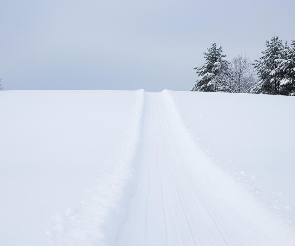 Zasypane śniegiem, białe wzgórze zajmuje większą część kadru. Na jego szczycie, na horyzoncie, widać grupę drzew, w tym kilka iglastych, gęsto pokrytych śniegiem, oraz drzewa liściaste o nagich gałęziach. Przez środek wzgórza, biegną w górę dwie równoległe, wyraźne ślady w świeżym śniegu, sugerując ścieżkę lub tor. Niebo jest jednolicie szare, tworząc kontrast z jasną, śnieżną powierzchnią.