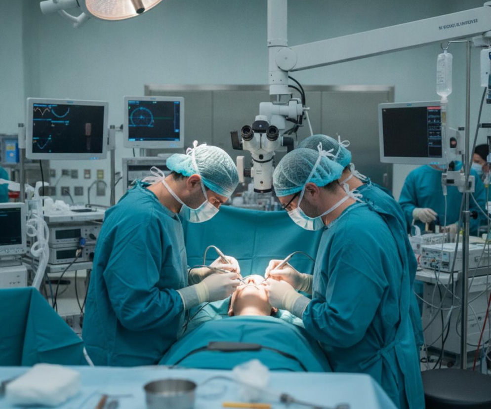 Dwaj chirurdzy operują pacjenta przy użyciu mikroskopu. O operacji na Alzheimera w Słupsku przeczytasz na Poradnik Zdrowie.