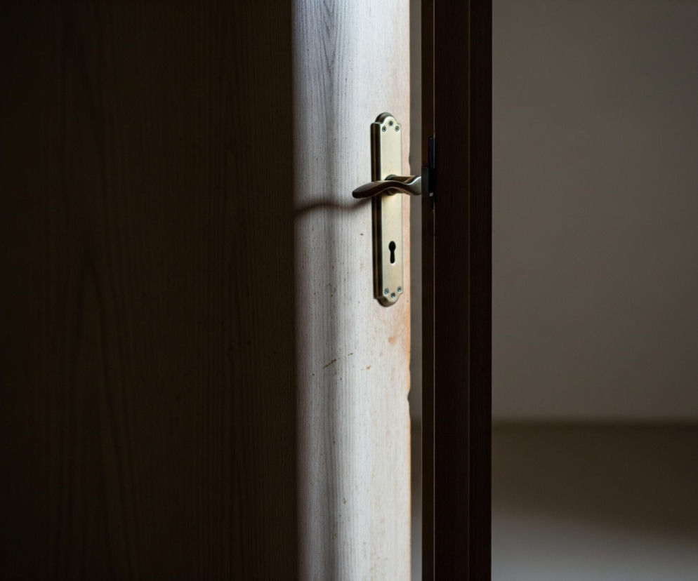 Drzwi są lekko uchylone, ukazując złote klamki i zamek, które rzucają wyraźny cień na jasną drewnianą powierzchnię. Prawa strona drzwi i otwarte wnętrze pomieszczenia po prawej stronie są w dużej mierze ciemne i niewyraźne, tworząc kontrast z rozświetlonym fragmentem skrzydła drzwi. Jasne, pionowe pasmo światła biegnie wzdłuż krawędzi drzwi.