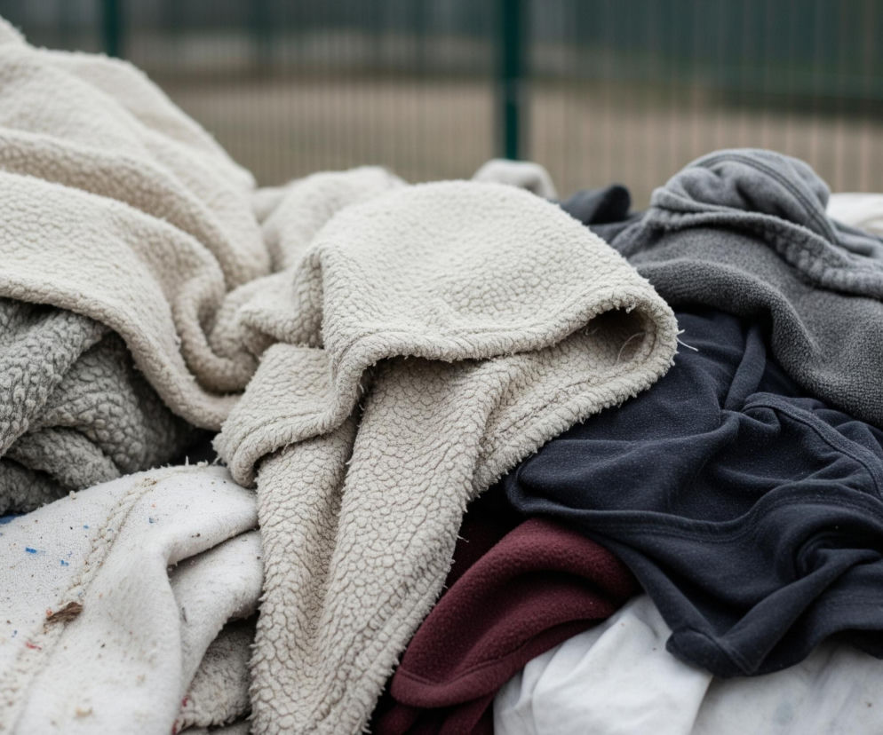 Stos ubrań o różnych fakturach i kolorach. Dominują odcienie szarości i beżu, z wyraźnie widoczną strukturą polaru w jaśniejszych fragmentach. Wśród ubrań znajdują się również ciemnogranatowe, bordowe i białe elementy, niektóre z widocznymi zabrudzeniami w postaci drobnych, kolorowych nitek. Ubrania są nieułożone, tworząc pofałdowaną powierzchnię, a w tle rozmywa się zielono-szara siatka lub płot.