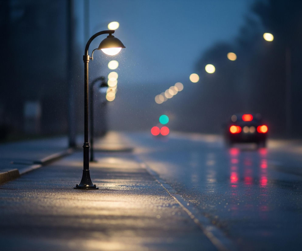 Czarny, metalowy słup latarni ulicznej stoi na mokrym chodniku po lewej stronie kadru, emitując jasne, ciepłe światło, które oświetla fragment chodnika i mokrą drogę. W oddali, na ciemnej, mokrej jezdni widoczne są rozmyte światła samochodów: czerwone tylne światła samochodu znajdującego się w centrum kadru oraz szereg żółtych świateł ulicznych rozciągających się w głąb obrazu. Zielone światło sygnalizacji ulicznej delikatnie rozjaśnia mgłę lub deszcz, tworząc odblaski na błyszczącej powierzchni drogi, oddając atmosferę deszczowej nocy.