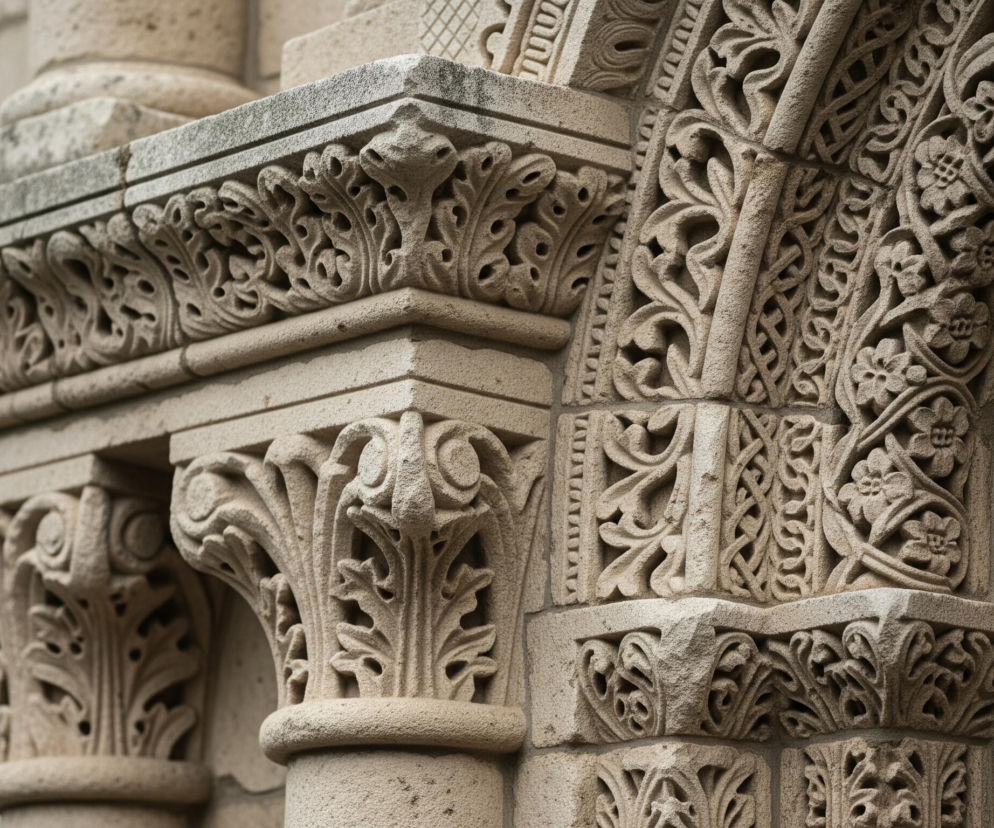 Fragment bogato zdobionej, kamiennej architektury. Kamień, w odcieniach beżu i jasnego brązu, jest szczegółowo rzeźbiony w motywy roślinne, liście i kwiaty. W centrum uwagi znajduje się narożnik, gdzie poziomy gzyms i pionowe elementy są gęsto pokryte misternymi wzorami, tworząc wrażenie koronkowej tekstury. Światło i cień podkreślają trójwymiarowość rzeźbień, wydobywając z kamienia jego organiczne formy.