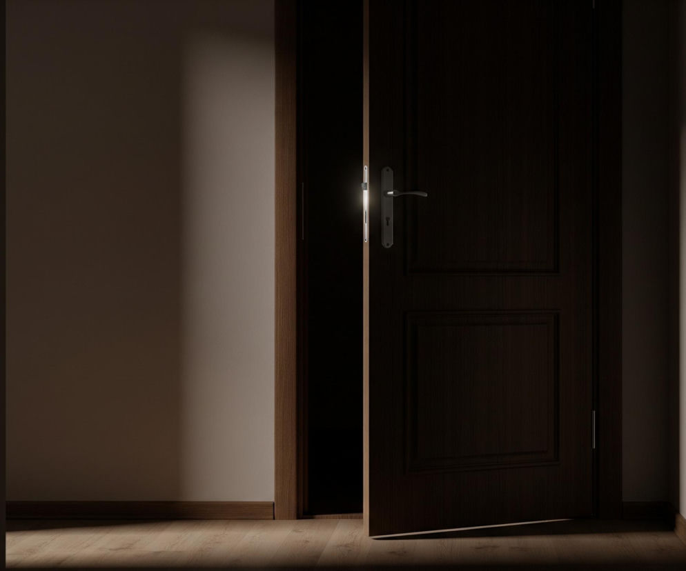 Ciemnobrązowe drzwi uchylone są nieznacznie, ukazując jasne, pionowe światło przebijające się przez szczelinę. Po lewej stronie drzwi znajduje się jasnobeżowa ściana z drewnianą listwą przypodłogową, oświetlona częściowo smugami światła. Po prawej stronie dominują głębokie cienie na ścianie, a podłoga wykonana z jasnego drewna z wyraźnymi słojami również jest nierównomiernie oświetlona, z jasnymi pasami światła kontrastującymi z ciemnymi obszarami.