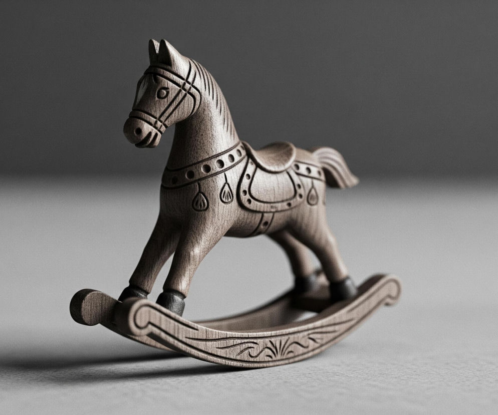 Drewniany koń na biegunach o brązowym kolorze, z widocznym usłojeniem, stoi na jasnoszarej powierzchni. Koń ma rzeźbione detale uprzęży i siodła, a także ozdobne wzory na płozach. Tło jest jednolicie ciemnoszare, delikatnie rozjaśniające się ku dołowi, gdzie łączy się z płaszczyzną podłoża.