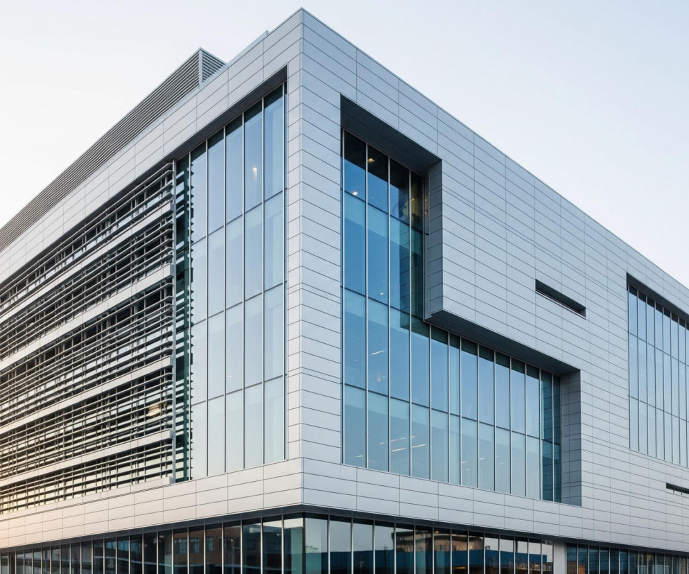 Centralnym obiektem jest nowoczesny budynek o prostej, geometrycznej architekturze, dominujący lewą i środkową część kadru. Budynek składa się z paneli w odcieniach szarości i błękitnych, odbijających światło szyb, które tworzą jego elewację. Po lewej stronie fasady biegną poziome żaluzje lub lamele, natomiast na rogu i prawej ścianie widoczne są duże, prostokątne okna. Całość skąpana jest w jasnym, rozproszonym świetle, sugerującym poranek lub późne popołudnie, a nad budynkiem rozpościera się niemal jednolite, jasne niebo, z lekkim gradientem bieli w lewym dolnym rogu.