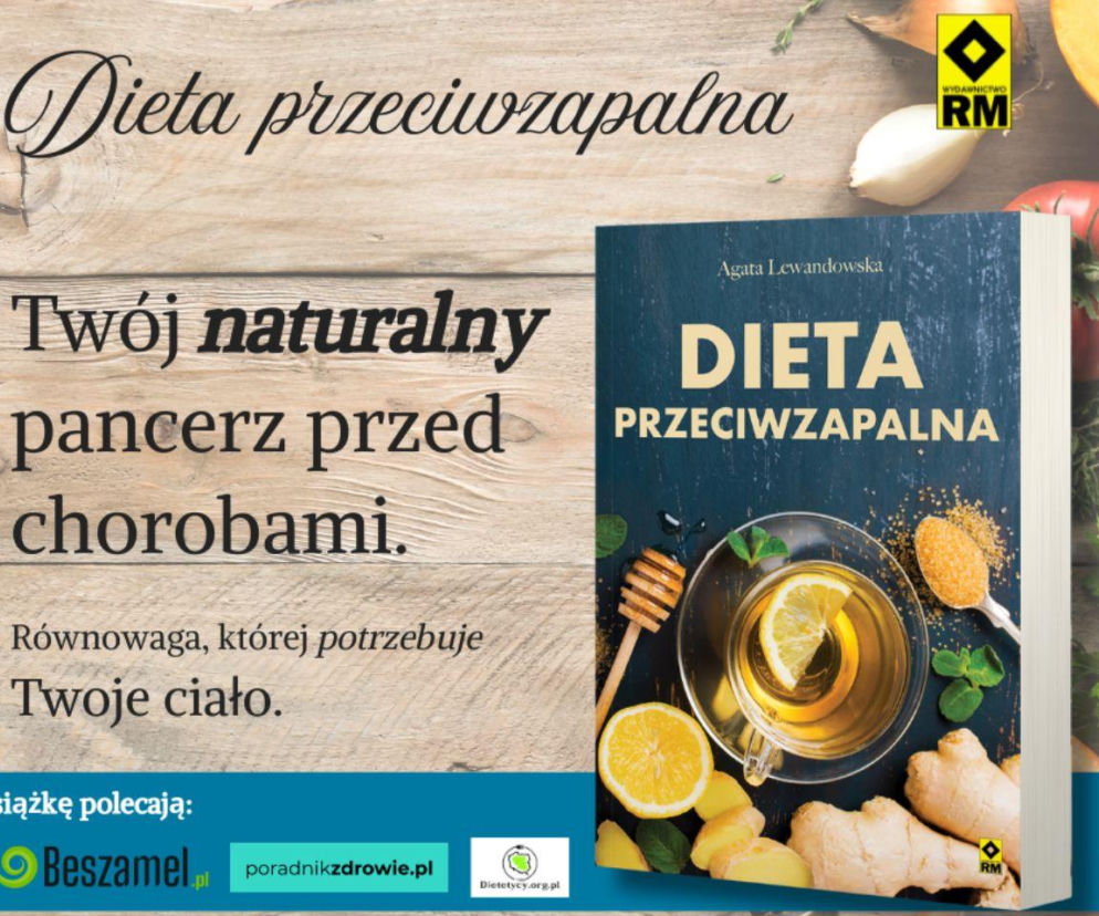 Książka Dieta przeciwzapalna Agaty Lewandowskiej, objęta patronatem medialnym Poradnik Zdrowie, prezentuje na okładce filiżankę herbaty z cytryną, miód, imbir i miętę, symbolizujące składniki wspierające zdrowie i redukcję stanów zapalnych w organizmie. Publikacja to naturalny pancerz przed chorobami, oferujący równowagę.