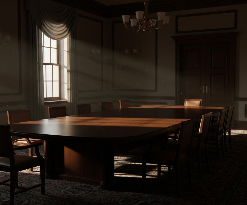 W pomieszczeniu, prawdopodobnie sali konferencyjnej, dominuje długi, owalny, drewniany stół z licznymi krzesłami, oświetlony częściowo promieniami słońca wpadającymi przez wysokie okno po lewej stronie. Na ścianach widoczne są ozdobne listwy i kinkiety, a na suficie złoty żyrandol z białymi kloszami. Podłogę pokrywa ciemny dywan z wzorami, a w tle widać ciemne, drewniane podwójne drzwi.