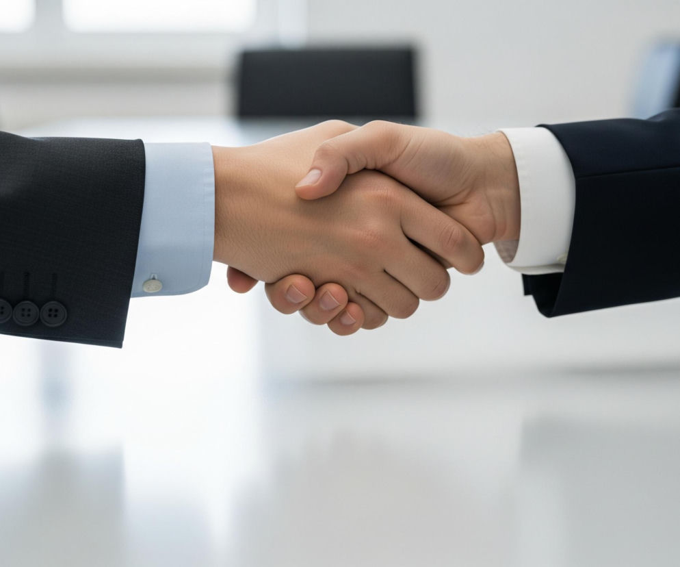 Dwie dłonie w uścisku dłoni znajdują się na środku kadru, stanowiąc jego główny element. Dłoń po lewej stronie należy do osoby w ciemnym garniturze i jasnoniebieskiej koszuli z mankietem zapinanym na spinkę, widoczny jest fragment rękawa z czterema guzikami. Dłoń po prawej należy do osoby w ciemnym garniturze i białej koszuli. Tło jest rozmyte, przedstawia jasne wnętrze biurowe z długim stołem i ciemnymi krzesłami.