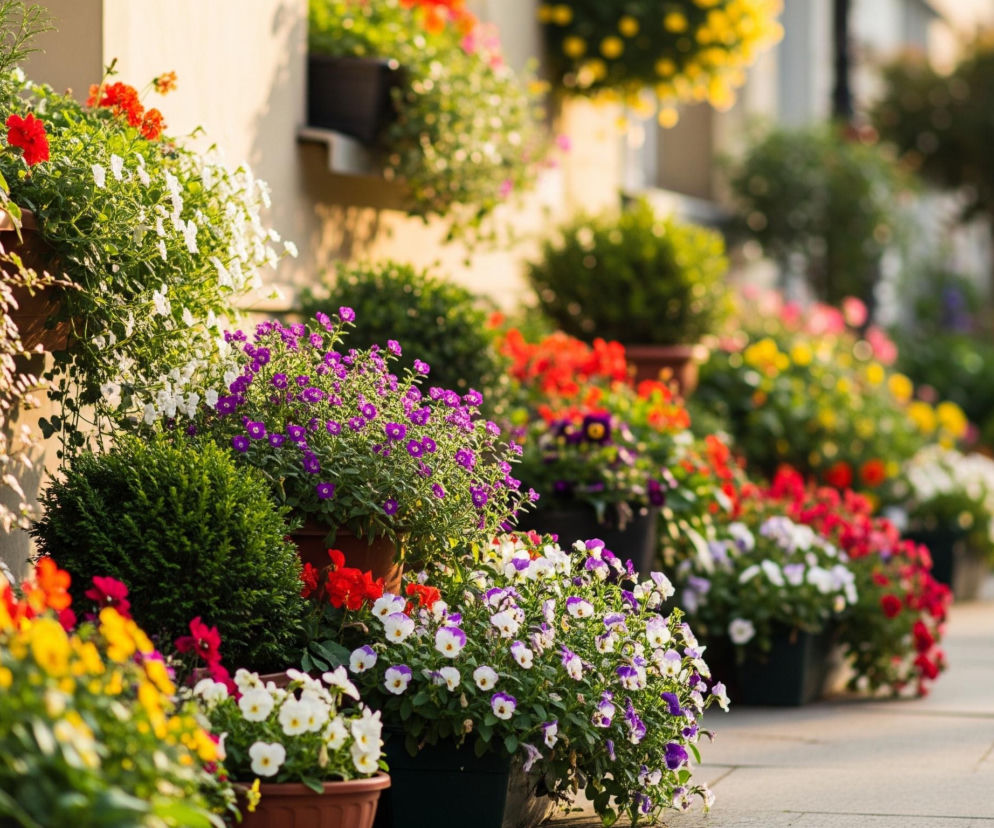 Wzdłuż beżowej ściany budynku, na chodniku, ustawione są rzędy doniczek z różnobarwnymi kwiatami i zielonymi krzewami, tworząc kwitnącą aleję. Wiele doniczek zwisa z balkonów lub okiennic, a niektóre stoją bezpośrednio na jasnym, kamiennym chodniku. Dominują barwy czerwone, białe, żółte, fioletowe i różowe, gdzieniegdzie widoczne są też ciemnozielone liście bluszczu i innych roślin. Słońce oświetla scenę od lewej strony, rzucając wydłużone cienie na ścianę i kwiaty, podczas gdy tło po prawej stronie pozostaje rozmyte, ukazując kontury kolejnych budynków i drzew.