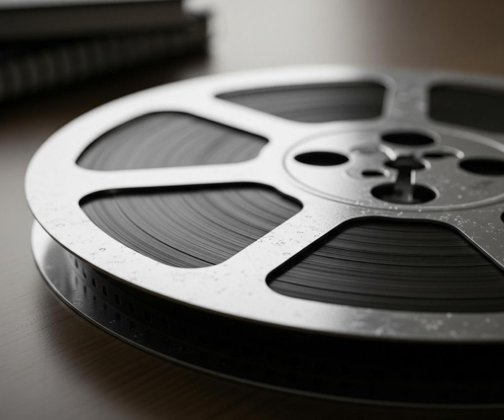 Na pierwszym planie znajduje się metalowa szpula z czarną taśmą filmową, umieszczona na jasnobrązowej powierzchni imitującej drewno. Szpula jest srebrna, z otworami w kształcie rombów i owali, oraz widocznymi drobnymi plamkami i zarysowaniami na jej powierzchni. Taśma nawinięta jest ciasno, tworząc jednolitą, czarną powierzchnię z delikatnymi poziomymi liniami. W tle, częściowo rozmyte, widać stos ciemnych, oprawionych książek lub segregatorów.