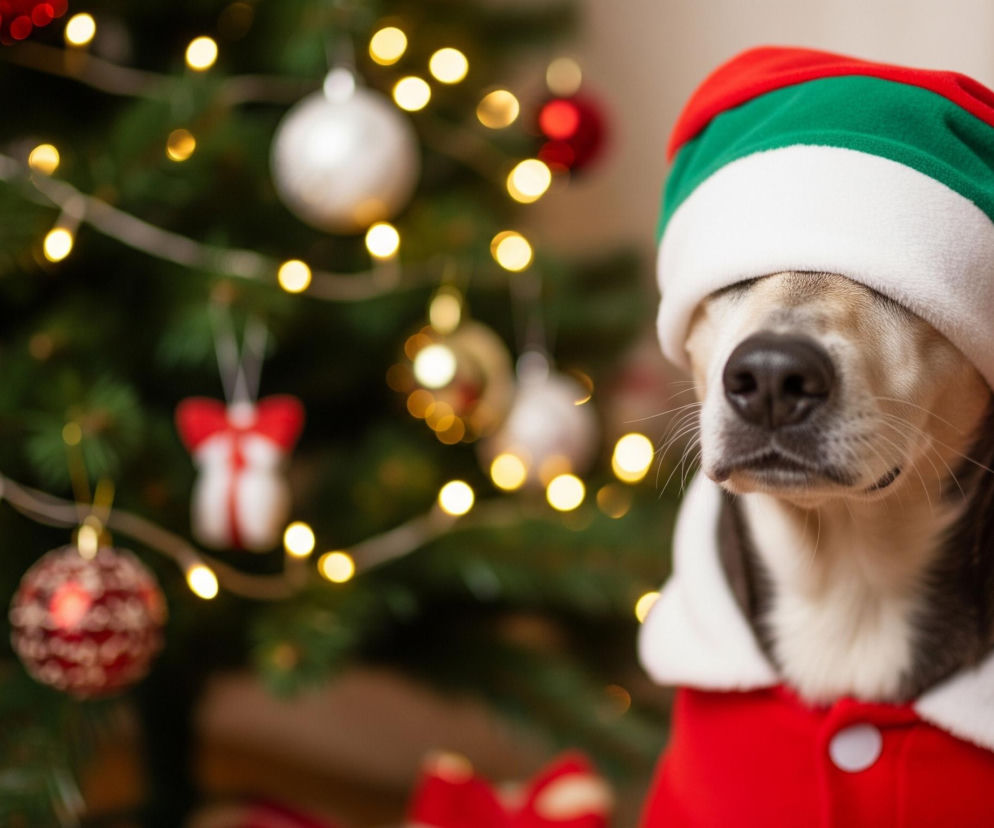 Pies w czerwono-biało-zielonej czapce mikołajkowej z białym pomponem i czerwonym kubraku z białym futrzanym kołnierzem, zapiętym na biały guzik, patrzy w prawo, jego oczy są zasłonięte czapką. Na pierwszym planie, w tle, rozmywa się zielone drzewko świąteczne ozdobione świecącymi, żółtymi lampkami, złotymi i srebrnymi bombkami, a także innymi, niewyraźnymi czerwonymi ozdobami. Cała scena utrzymana jest w świątecznych barwach, z dominującą czerwienią, zielenią i żółtym światłem.