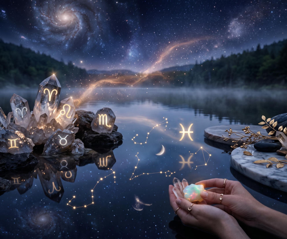 Dłonie osoby trzymającej świetlisty kamień na tle jeziora i znaków zodiaku. O horoskopie przeczytasz na SE.