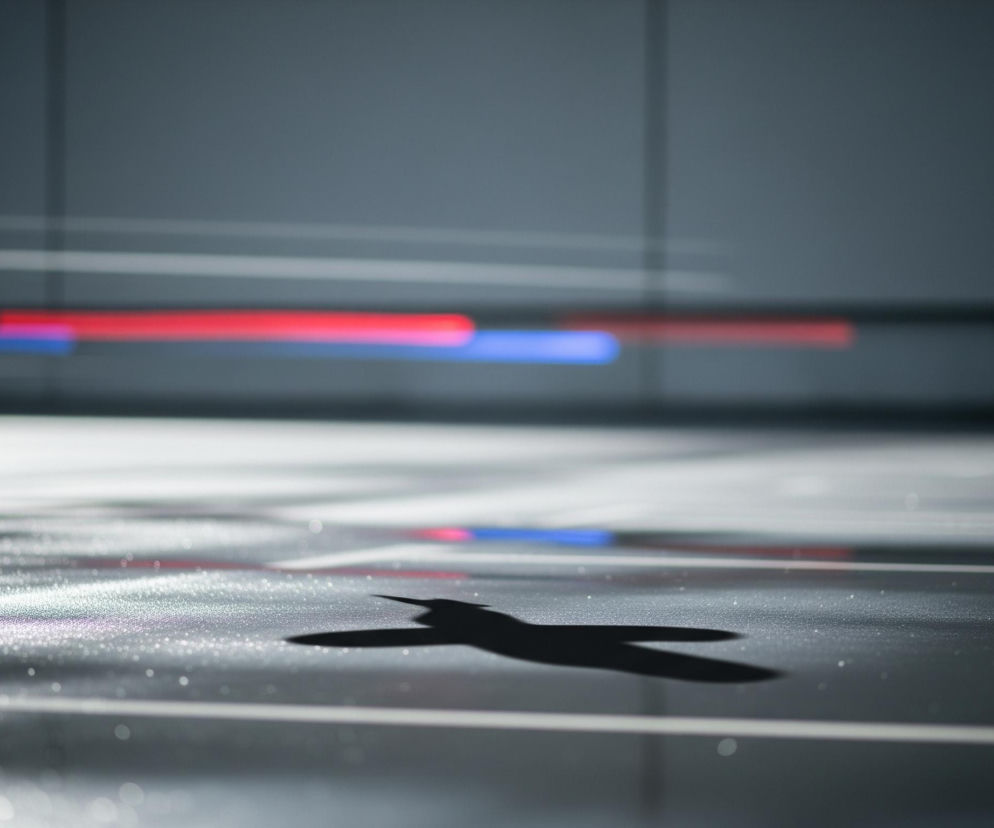 Na pierwszym planie widoczna jest czarna, matowa powierzchnia z delikatnymi białymi kropkami, rozciągająca się od dołu obrazu. Na tej powierzchni znajduje się ciemny, wydłużony cień przypominający kształt ptaka z rozpostartymi skrzydłami. W tle, powyżej poziomu powierzchni, widoczne są rozmyte, poziome smugi światła: dwie czerwone oraz jedna niebieska, umieszczone równolegle do siebie na szarym, nieostrym tle z delikatnymi pionowymi liniami.