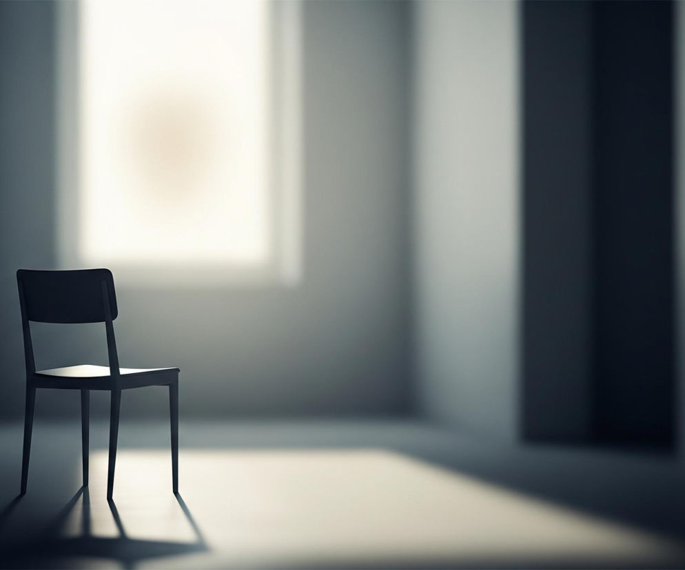 W centrum obrazu znajduje się ciemne, drewniane krzesło z pustym oparciem, oświetlone jasnym, ciepłym światłem padającym z górnego okna, tworzącym wyraźny cień na podłodze. Otoczenie to przestronne pomieszczenie o minimalistycznym charakterze, z dominującymi odcieniami szarości i bieli, gdzie jasne światło z okna kontrastuje z zacienionymi ścianami i podłogą, potęgując wrażenie głębi i przestrzeni. Lewa strona pokoju jest jaśniejsza, zaś prawa pogrążona w głębokim cieniu, co nadaje scenie spokojny, nieco tajemniczy nastrój.