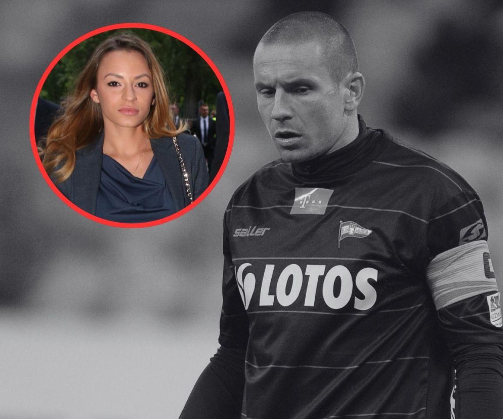 Czarno-białe zdjęcie bramkarza Mateusza Bąka. Na miniaturze obok jego żona Paulina. O pożegnaniu piłkarza przeczytasz na SE.