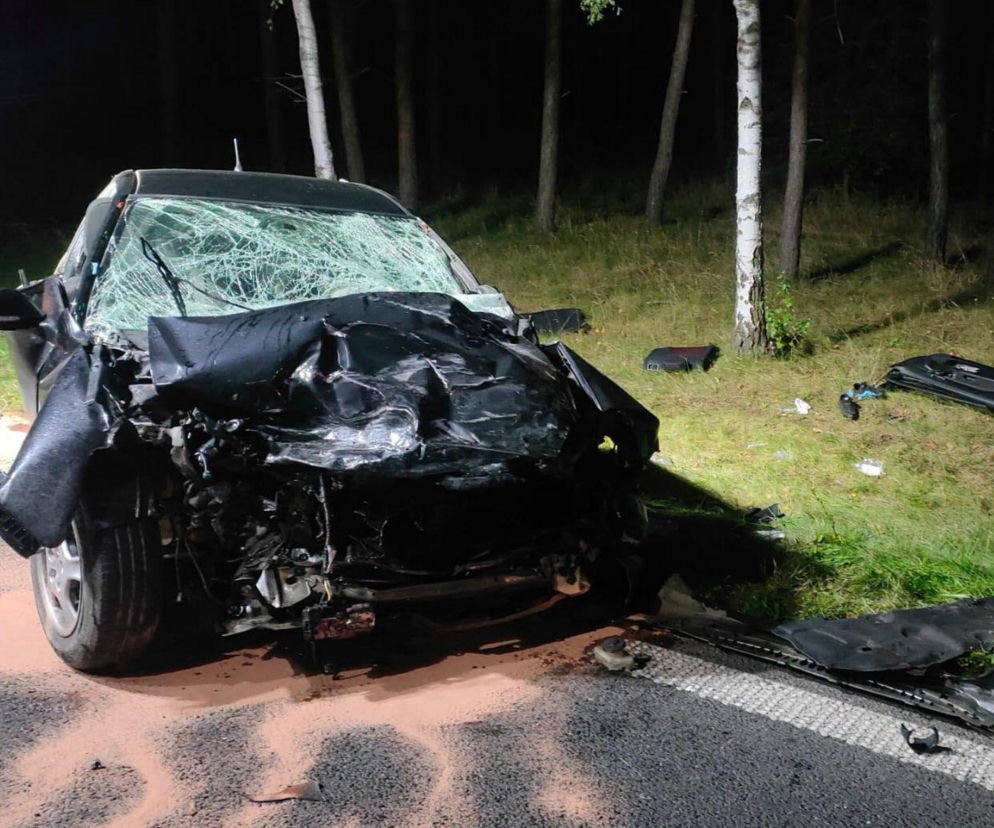 Rozbity przód czarnego auta po wypadku pod Rydzyną. O tragicznej śmierci 18-latki przeczytasz na Eska Poznań.