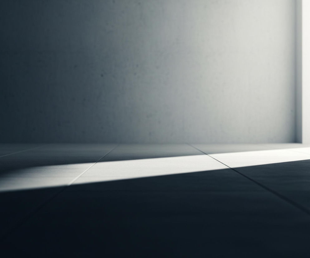 Wnętrze przypominające pusty pokój lub korytarz, oświetlone przez jasne, białe światło wpadające z prawej strony. Światło to tworzy ostry, trójkątny cień na podłodze, rozciągający się od prawego dolnego rogu w kierunku lewego górnego rogu. Ściany i podłoga mają szarawą, lekko chropowatą teksturę, z widocznymi fugami dzielącymi płytki na podłodze. Lewa część obrazu jest pogrążona w cieniu, stopniowo jaśniejąc ku prawej stronie, gdzie znajduje się źródło światła.