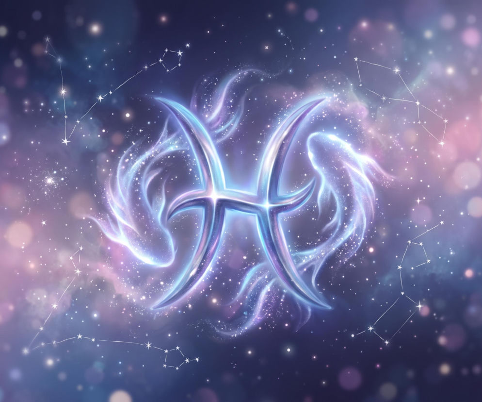 Symbol zodiaku Ryby na tle rozgwieżdżonego kosmosu. O horoskopie dziennym dla Ryb przeczytasz na Eska.
