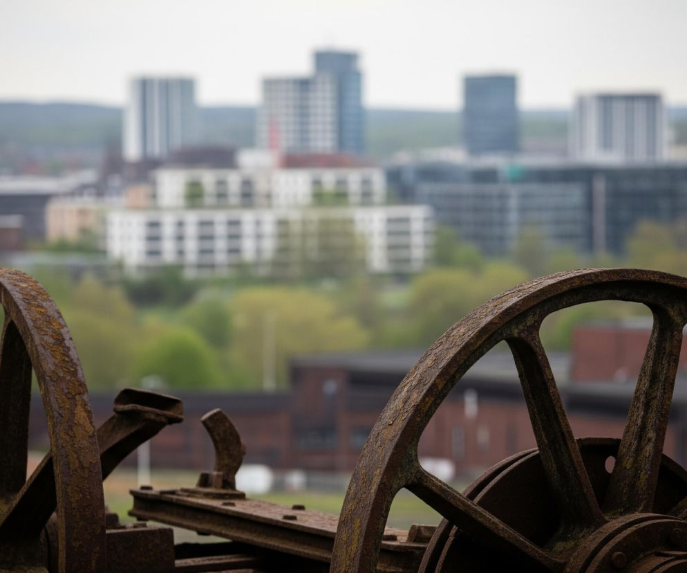 Na pierwszym planie, w dolnej części kadru, znajdują się dwa duże, zardzewiałe koła z ciemnobrązowego metalu, z widocznymi rdzawo-pomarańczowymi i zielonkawymi nalotami korozji. Koła mają solidne ramiona i są częścią większej, starej, metalowej konstrukcji. Lewe koło jest częściowo widoczne po lewej stronie, natomiast prawe koło, z wyraźnymi szprychami, dominuje prawą dolną ćwiartkę obrazu. Oba koła są wyostrzone, podczas gdy tło jest rozmyte. W tle widoczna jest panorama miasta z licznymi budynkami mieszkalnymi i biurowymi, niektóre z nich są wysokimi wieżowcami o szarych i białych fasadach. Pomiędzy budynkami widać zielone drzewa i roślinność, a niebo jest jasne i zachmurzone.