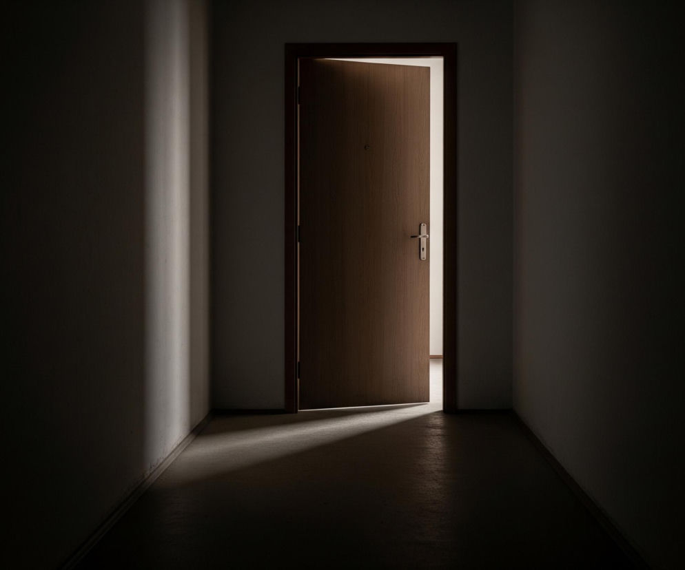 Wąski, ciemny korytarz prowadzi do uchylonych drzwi, zza których wydobywa się jasne światło. Drzwi są brązowe z metalową klamką i wizjerem, osadzone w ciemnobrązowej futrynie. Światło zza drzwi rzuca długi, trapezoidalny cień na podłogę korytarza oraz oświetla fragment lewej ściany, ukazując jej jasny kolor. Reszta korytarza, w tym prawa ściana i sufit, pozostaje w głębokim cieniu, tworząc kontrast między ciemnością a jasnością.