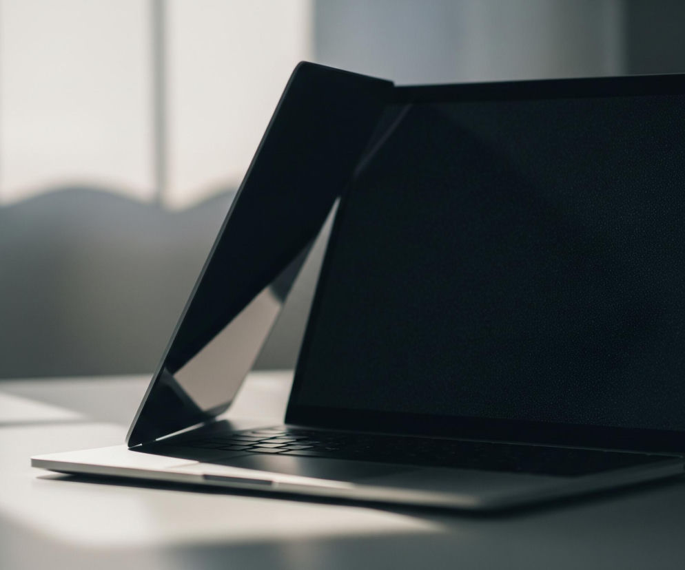 Srebrny laptop ustawiony na białym blacie, z widocznym podświetleniem z lewej strony. Ekran laptopa jest ciemny, lekko pochylony do tyłu, a na jego powierzchni widać delikatną teksturę. Klawiatura jest ciemna, z wyraźnie zarysowanymi, czarnymi klawiszami. W tle widoczne są rozmyte cienie na jasnej ścianie, tworzące wzory przypominające prostokąty, z wyraźnym światłem wpadającym z lewej strony.