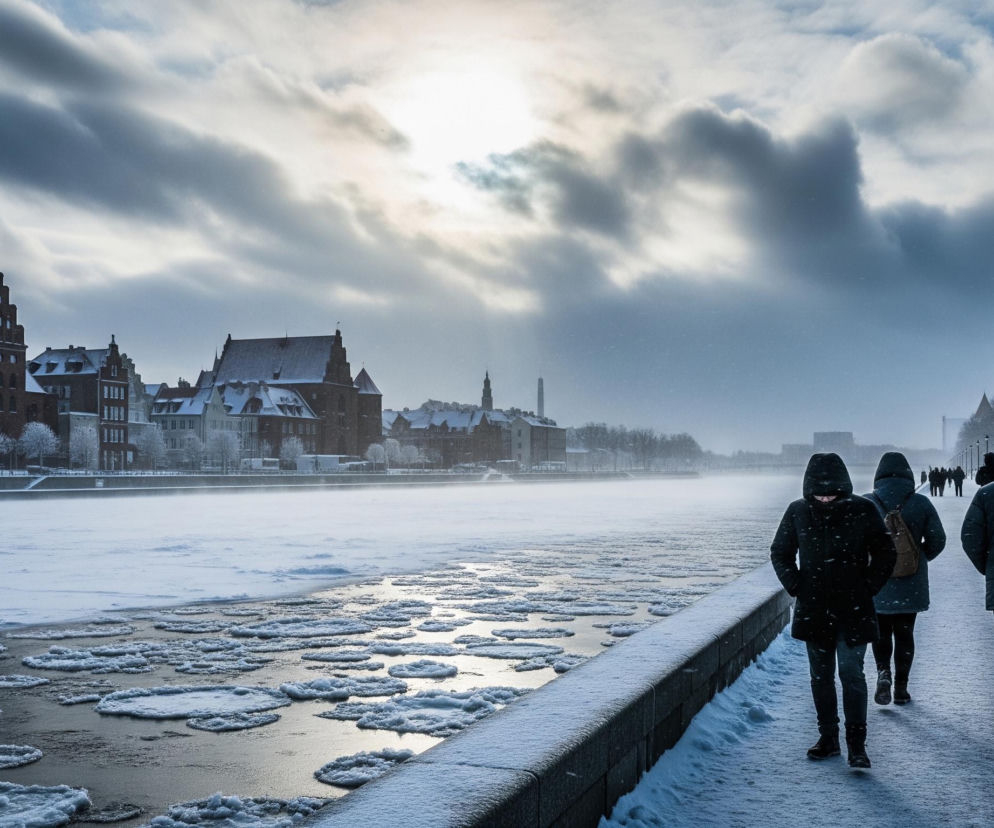 Scena zimowa ukazuje ośnieżoną rzekę, pokrytą częściowo płaskimi, okrągłymi krami lodu, odbijającą jasne światło nieba. Na prawym brzegu, pośnieżonym chodnikiem, spacerują ludzie w ciemnych, zimowych ubraniach, z których najbliżsi są widoczni od tyłu, idąc w stronę horyzontu. Wzdłuż lewego brzegu rzeki rozciąga się miejski krajobraz z ceglanymi budynkami o czerwonych dachach, również pokrytymi śniegiem. Niebo wypełniają gęste, szaro-białe chmury, częściowo rozświetlone przez słońce, a w tle widać smukłe wieże i drzewa bez liści.