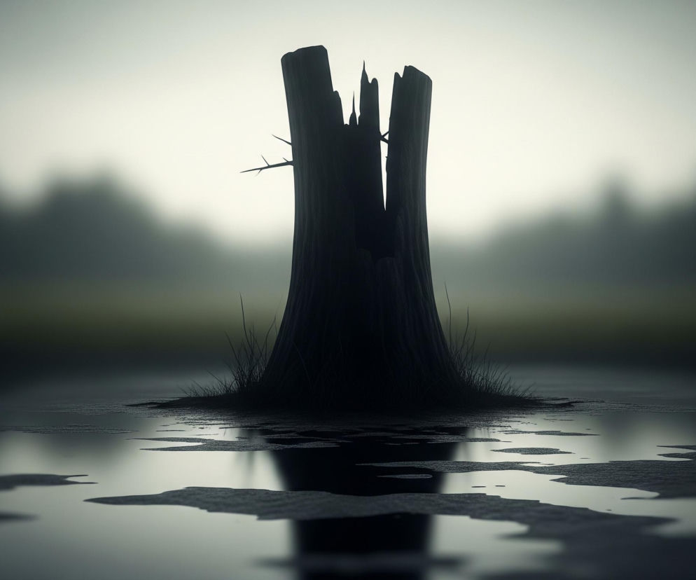 Centralnie w kadrze widać ciemny, poszarpany pień drzewa, otoczony kępkami trawy u swojej podstawy. Pień odbija się w tafli wody z nieregularnymi plamami lądu lub błota, tworząc lustrzane odbicie. Tło jest rozmyte, z widocznym pasmem ciemniejszych kształtów, przypominających zarys drzew lub krzewów, oddzielających jasne, zamglone niebo od ziemi. Cała scena utrzymana jest w chłodnych, stonowanych odcieniach szarości, zieleni i bieli, tworząc ponury, tajemniczy nastrój.