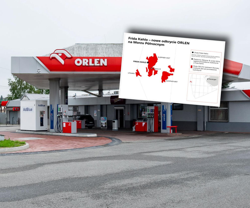 Stacja benzynowa ORLEN z widocznymi dystrybutorami i panelem AdBlue, a na nią nałożona mapa z oznaczeniem złoża gazu Frida Kahlo na Morzu Północnym. Odkrycie ORLEN-u to klucz do bezpieczeństwa energetycznego Polski, o czym przeczytasz na Super Biznes.