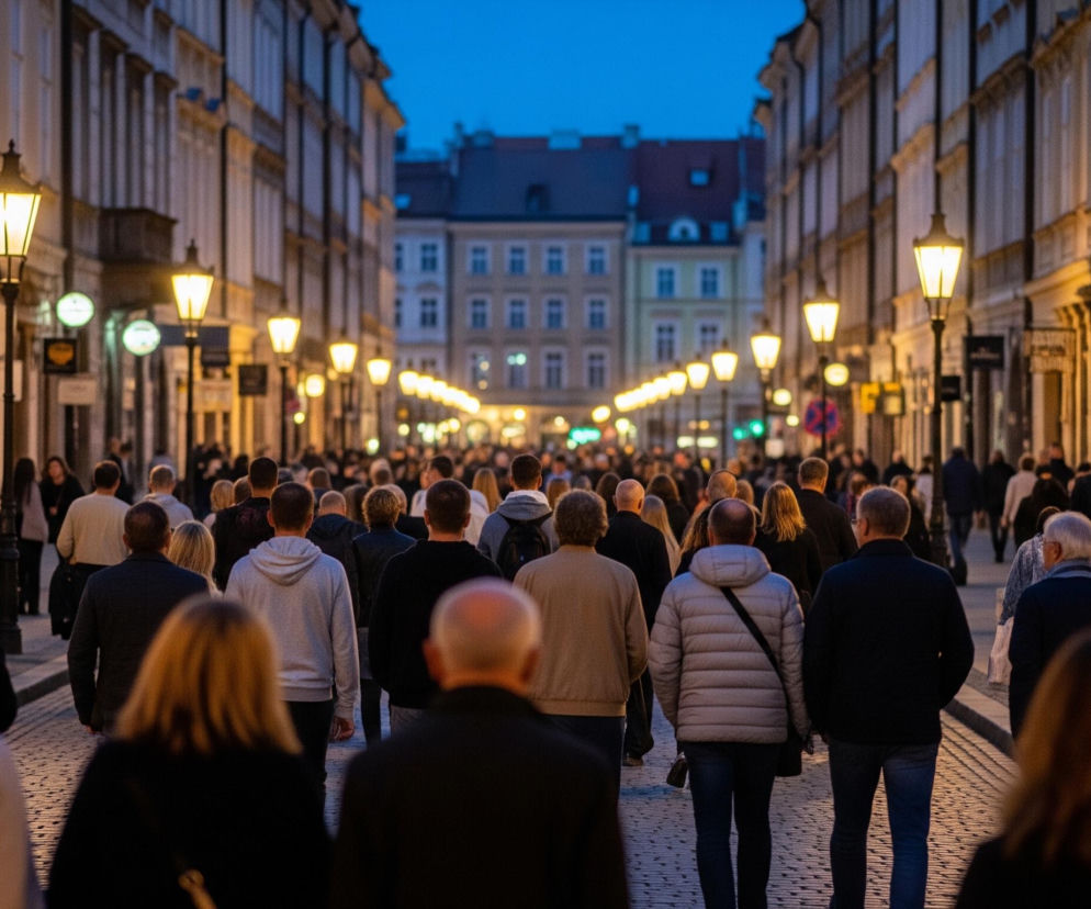 Tłum ludzi idzie ulicą wyłożoną kostką brukową w gęsto zabudowanym obszarze, prawdopodobnie w mieście. Większość osób jest zwrócona plecami do obserwatora, poruszając się w kierunku odległego centrum kadru. Ulicę oświetlają liczne, klasyczne latarnie z żółtym światłem, rozmieszczone w dwóch rzędach wzdłuż zabudowań. Po obu stronach ulicy widoczne są wielopiętrowe budynki o tradycyjnej architekturze, z wieloma oknami, niektóre z nich mają jasne fasady. Daleko w tle, gdzie ulica wydaje się zbiegać, widać dalsze budynki pod ciemnoniebieskim, wieczornym niebem.