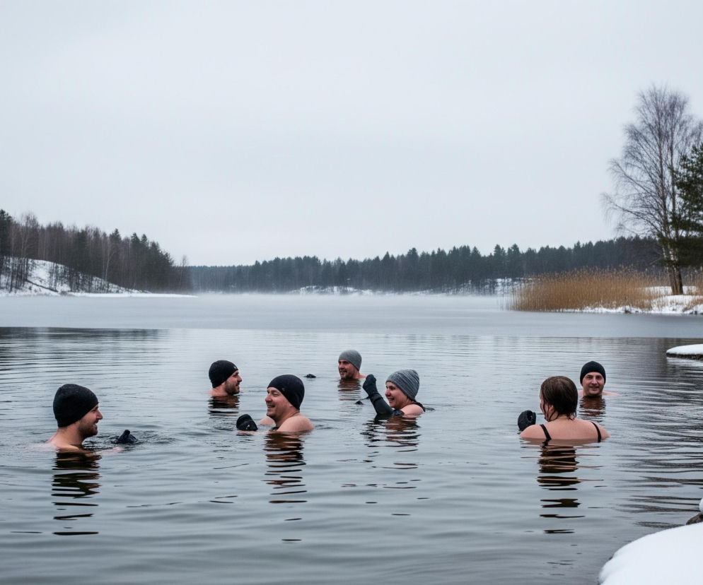 Ośmioro ludzi, sześciu mężczyzn i dwie kobiety, zanurzonych jest po szyję w ciemnej wodzie jeziora, uśmiechając się i patrząc na siebie nawzajem. Wszyscy mają na głowach ciemne, dzianinowe czapki, a niektórzy również czarne rękawiczki. Brzegi jeziora są pokryte śniegiem, gdzieniegdzie widoczne są brązowe, suche trzciny i ciemne drzewa, w tym iglaste i liściaste bez liści. Całe tło stanowi linia lasu pod szarym, zachmurzonym niebem.