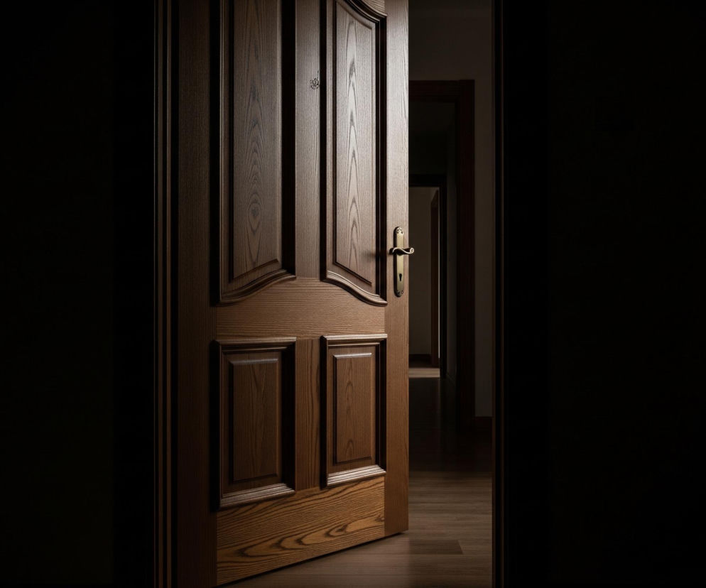 Półotwarte drewniane drzwi z widoczną mosiężną klamką dominują centrum kadru, delikatnie wpuszczając światło do ciemnego otoczenia. Faktura drewna z wyraźnymi słojami i ozdobnymi panelami jest dobrze oświetlona po lewej stronie, natomiast po prawej przechodzi w cień, ujawniając wnętrze kolejnego pomieszczenia z drewnianą podłogą i następnymi, częściowo widocznymi drzwiami w tle, tworzącymi iluzję głębi. Większość przestrzeni po lewej i prawej stronie kompozycji jest pogrążona w głębokim, niemal czarnym cieniu.