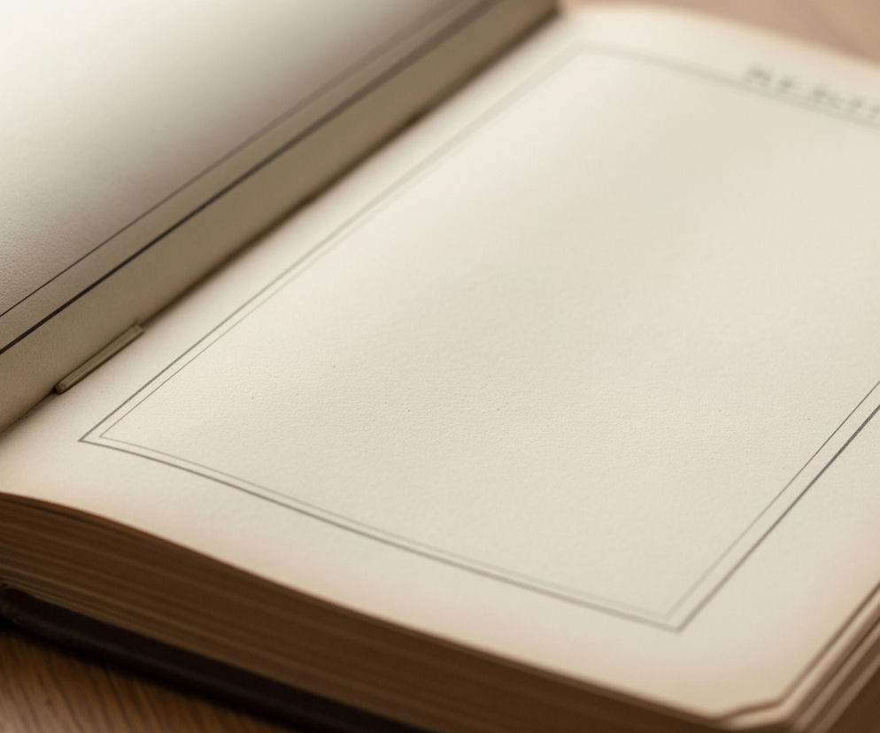 Otwarta, gruba księga spoczywa na drewnianym blacie, dominując centralną część kadru. Jej kartki mają kremowy odcień i widoczną fakturę papieru, a na prawej stronie znajduje się pusta, prostokątna ramka z podwójnej, cienkiej, czarnej linii, lekko przesuniętej względem krawędzi kartki. Grzbiet książki jest ciemnobrązowy, a jego struktura jest widoczna, podobnie jak poszarpane, nierówne krawędzie bocznych stron. Tło stanowią ciemnobrązowe deski, układające się poziomo, z wyraźnymi słojami drewna, częściowo rozmyte poza ostrością.