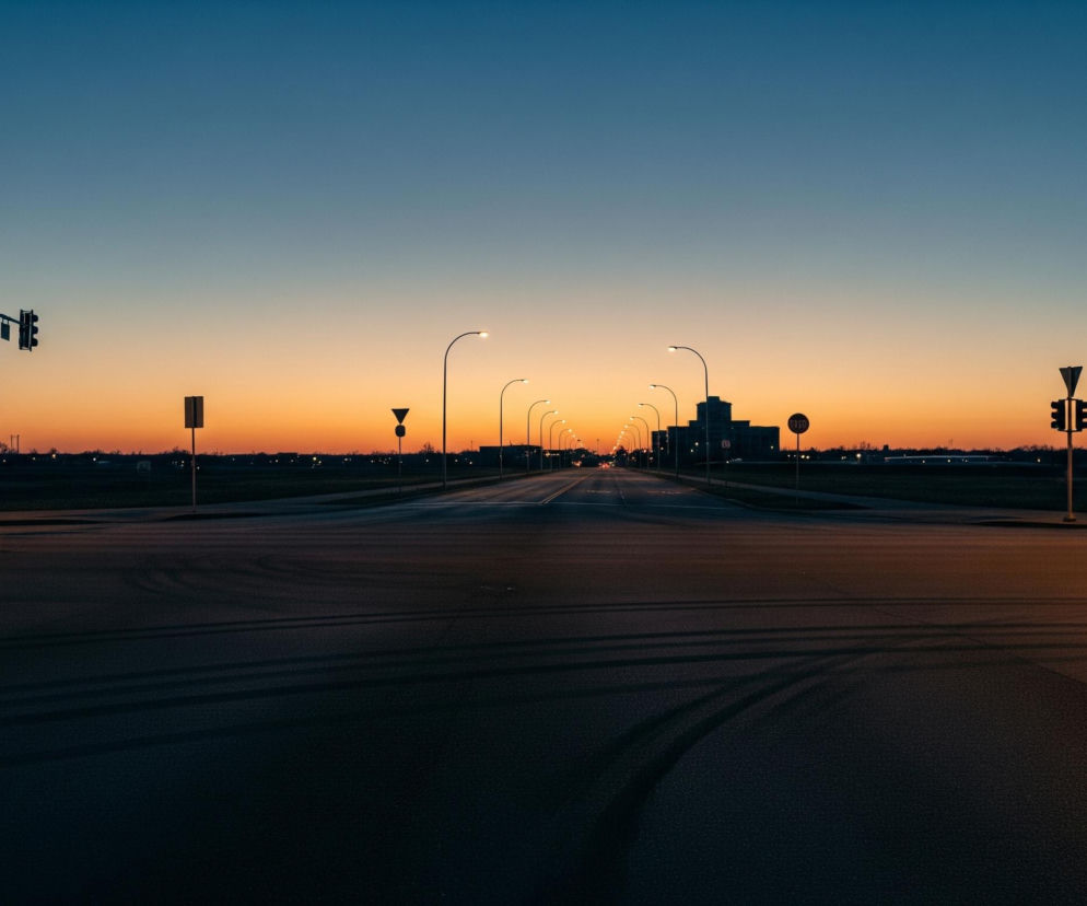 Centralną część obrazu zajmuje pusta droga asfaltowa rozchodząca się w perspektywie, z widocznymi śladami opon na nawierzchni. Po obu stronach drogi głównej biegną rzędy latarni ulicznych, emitujących ciepłe, żółte światło, które oświetla fragmenty jezdni. Na horyzoncie, w oddali, rysuje się ciemny kształt budynku o nieregularnej bryle, z jasno oświetlonymi oknami.

Niebo charakteryzuje się gradacją barw – od głębokiego błękitu u góry, poprzez jaśniejszy błękit w środku, aż po intensywny pomarańczowo-żółty odcień tuż nad horyzontem, sugerujący wschód lub zachód słońca. Na pierwszym planie, po lewej stronie, widoczny jest sygnalizator świetlny z czerwonym światłem, a dalej po prawej, inny sygnalizator z zielonym światłem, wraz z kilkoma znakami drogowymi. Krajobraz po bokach drogi wypełniają ciemne sylwetki drzew i krzewów.
