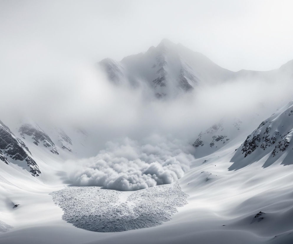 Centralny punkt zdjęcia to dynamiczna lawina śnieżna spadająca z górskiego zbocza, tworząc kłęby białego pyłu. Śnieg i pył lawinowy, w odcieniach bieli i jasnej szarości, rozlewa się szeroko u podnóża góry, tworząc teksturę złożoną z niezliczonych małych grudek. Tło dominują ośnieżone, skaliste szczyty górskie, częściowo zasłonięte przez mgłę i chmury, tworząc monochromatyczny krajobraz w różnych odcieniach szarości i bieli.
