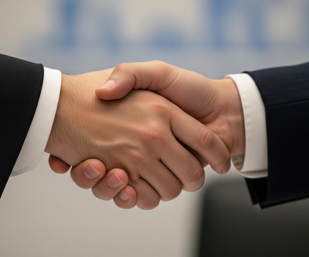 Dwie dłonie, ułożone poziomo, ściskają się nawzajem na pierwszym planie. Lewa ręka należy do osoby w czarnej marynarce z białym mankietem, a prawa do osoby w ciemnoniebieskim garniturze, również z białym mankietem. Skóra dłoni ma ciepły, jasny odcień, z widocznymi delikatnymi włoskami i naturalnymi liniami na powierzchni. Tło jest rozmyte, z jaśniejszym, rozmytym obszarem w górnej części, przechodzącym w ciemniejszy szary na dole.