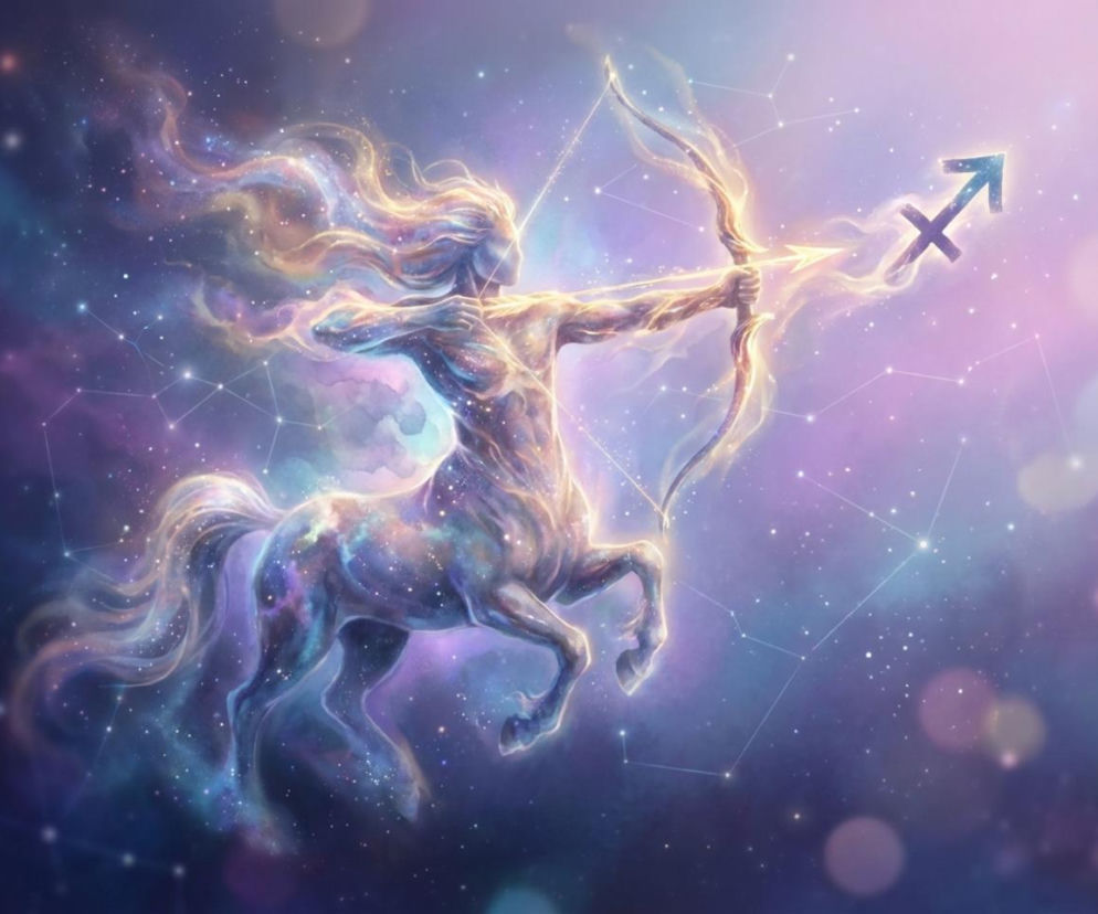 Mityczny centaur Strzelec z napiętym łukiem na tle gwieździstego kosmosu. O horoskopie przeczytasz na Eska.