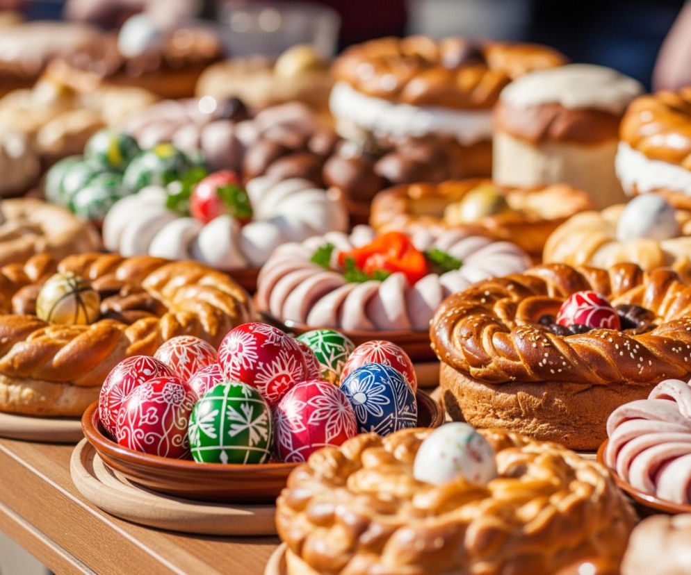 Na drewnianym stole znajduje się bogaty wybór świątecznych potraw i wypieków, ułożonych w wielu rzędach. W centralnej części kadru, na brązowej misie, leży grupa kolorowych, pisanych jajek, głównie czerwonych, zielonych i niebieskich, z białymi wzorami. Obok nich i za nimi widoczne są okrągłe, plecione pieczywa posypane sezamem, niektóre z nich ozdobione pisankami lub innymi dekoracjami. Dalej w głąb obrazu, na rozmytej powierzchni, dostrzegalne są kolejne potrawy, w tym okrągłe formy wędlin ułożone w spirale z zielonymi liśćmi pietruszki i kawałkami czerwonej papryki, a także białe, puszyste ciasta.