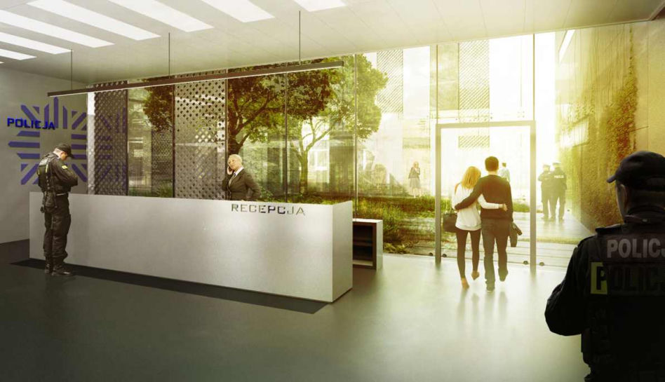 Strefa wejściowa, proj. RYDZYŃSKI WASIAK STAŃCZAK LEBELT Pracownia Architektoniczna Sp. z o.o. Architektoniczny konkurs studialny na opracowanie modelu funkcjonalno-przestrzennego komendy i komisariat